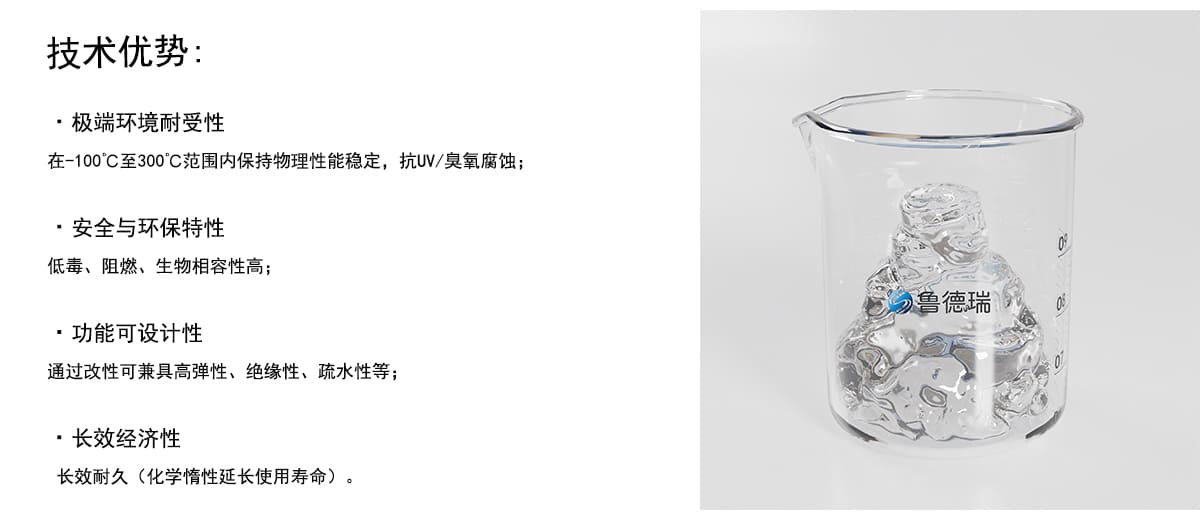 技术优势：
·极端环境耐受性
在-100°C至300°C范围内保持物理性能稳定，抗UV/臭氧腐蚀；
·安全与环保特性
低毒、阻燃、生物相容性高；
·功能可设计性
通过改性可兼具高弹性、绝缘性、疏水性等；
·长效经济性
长效耐久（化学情性延长使用寿命）。